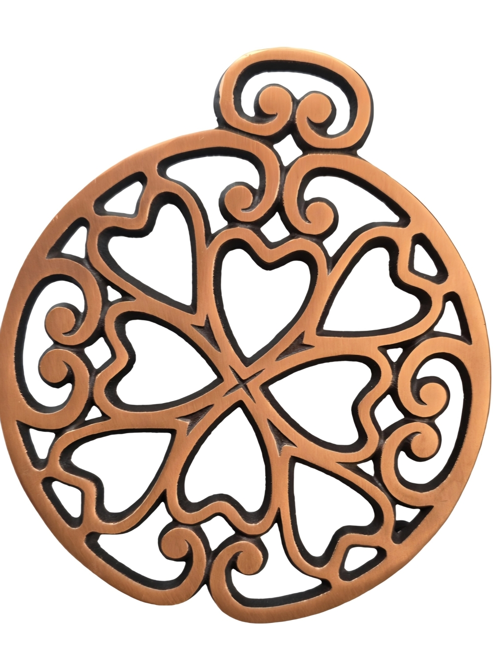 VTG PAMPERED CHEF CAST IRON TRIVET COPPER TONE ROUND UP FROM THE HEART 7"